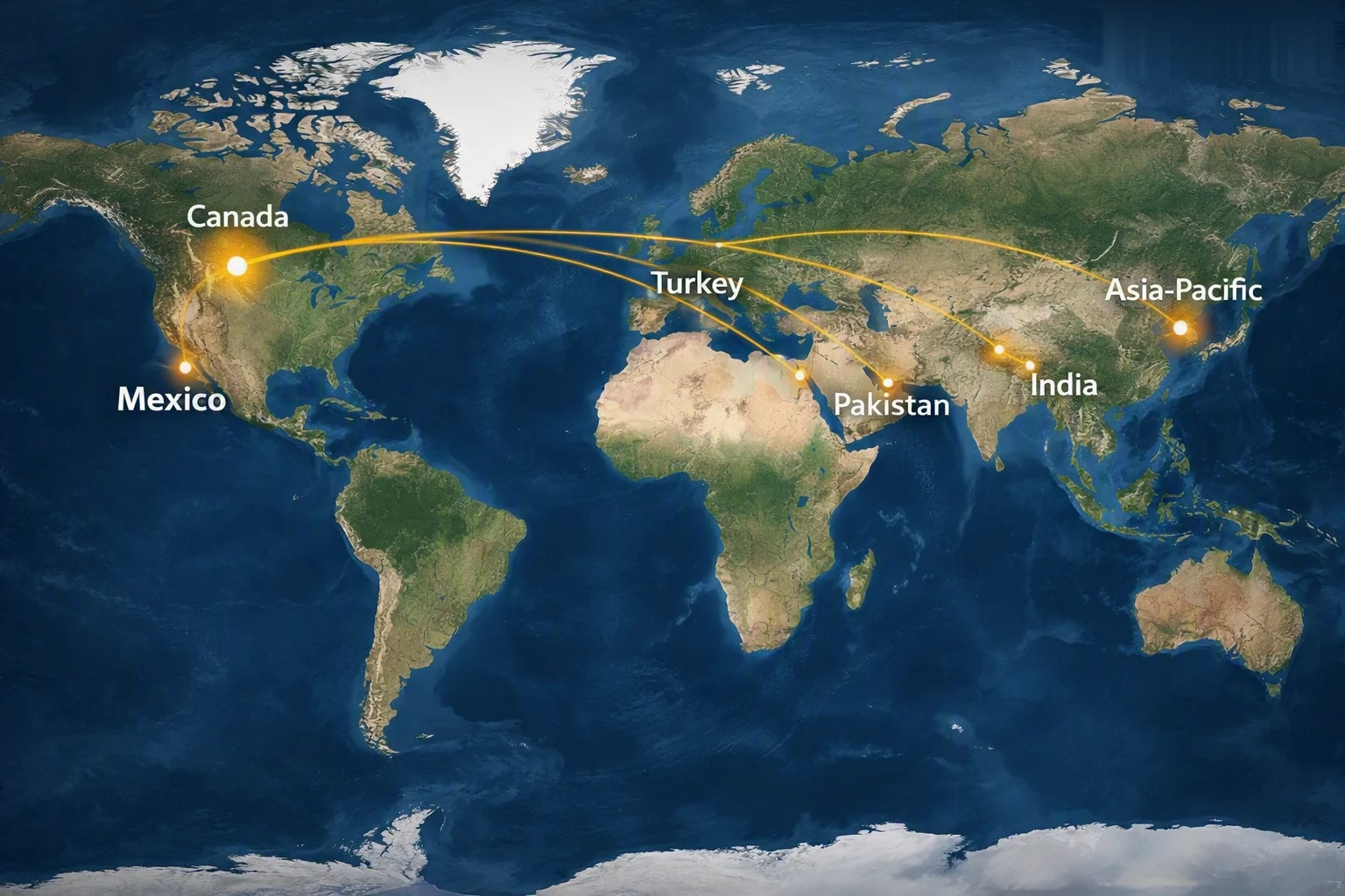 World map of Allan Agnew's source markets — Canada headquarters connected by trade routes to Mexico, Turkey, Pakistan, India and Asia-Pacific.